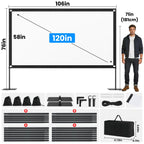 120inch Projector Screen with Stand: Portable Projector Screen Outdoor Indoor Front/Rear16:9 4K HD with Carry Bag Sandbag- Movie Screen for Backyard Moive Night, Camping, Theater
