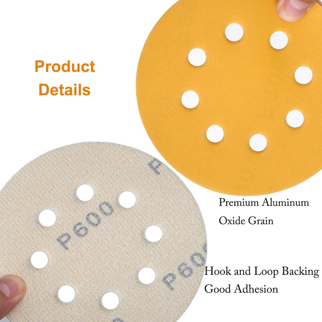 Aiyard 5-Inch 8-Hole Hook and Loop Sanding Discs 600-Grit Random Orbit Sandpaper, 100-Pack