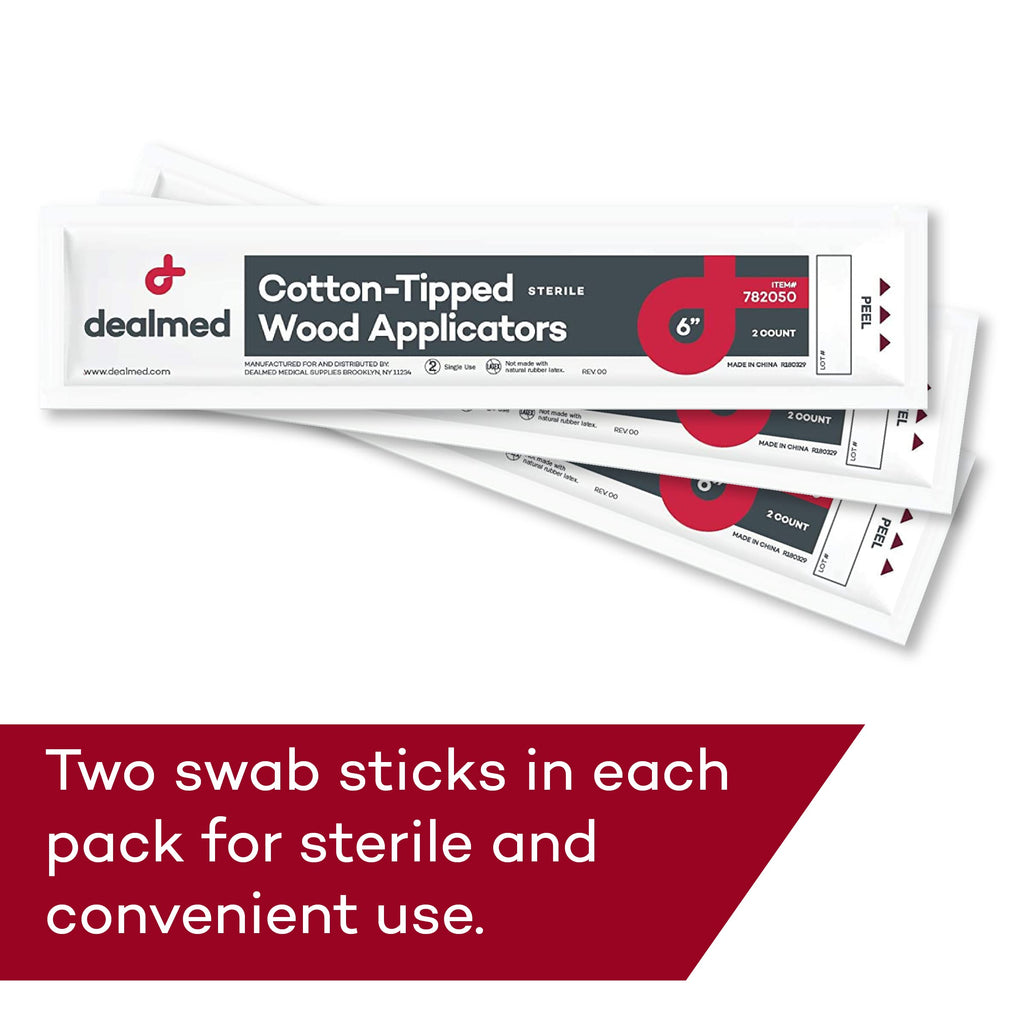 Dealmed 6" Cotton-Tipped Wood Applicators – 200 Sterile Cotton-Tipped Applicators for Application of Medication, Cleaning Skin, Arts, Crafts and More (Box of 200) (Pack of 2)