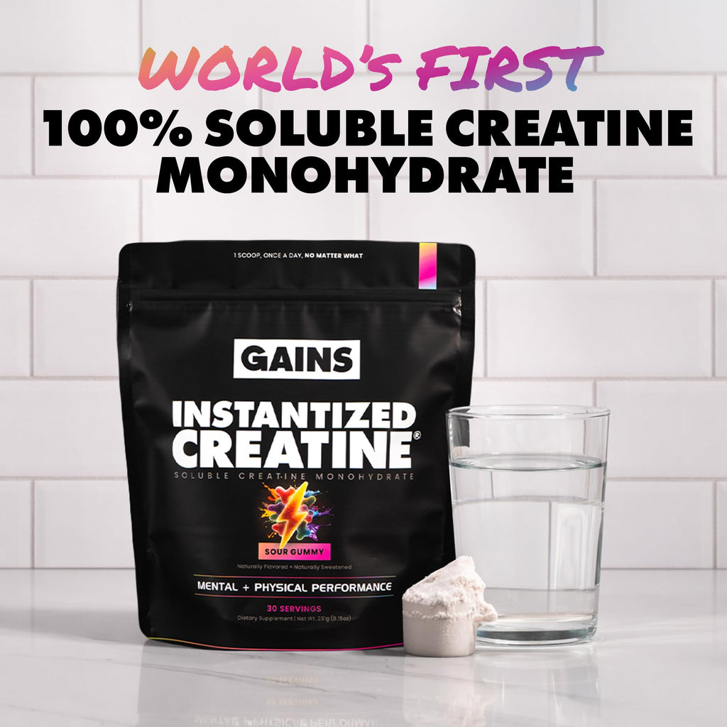 Gains in Bulk Instantized Creatine Monohydrate for Men & Women, Soluble Pre Workout Powder, Supports Muscle Building, Strength and Performance, Bodybuilding Supplements, Sour Gummy, 30 Servings