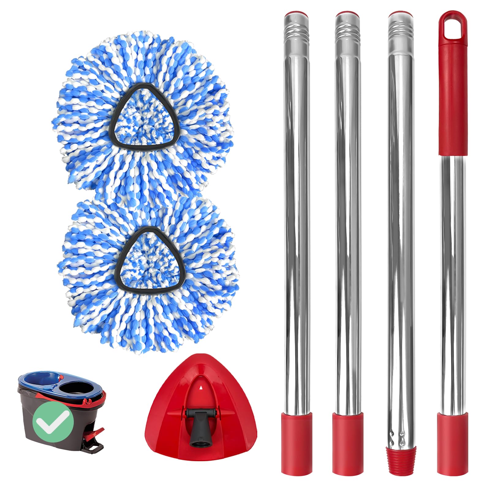 Spin Mop Replacement Set, Includes 2 Mop Head Replacement, 1 Mop Handle (30-58in Adjustable 4-Section Pole), 1 Spin Base