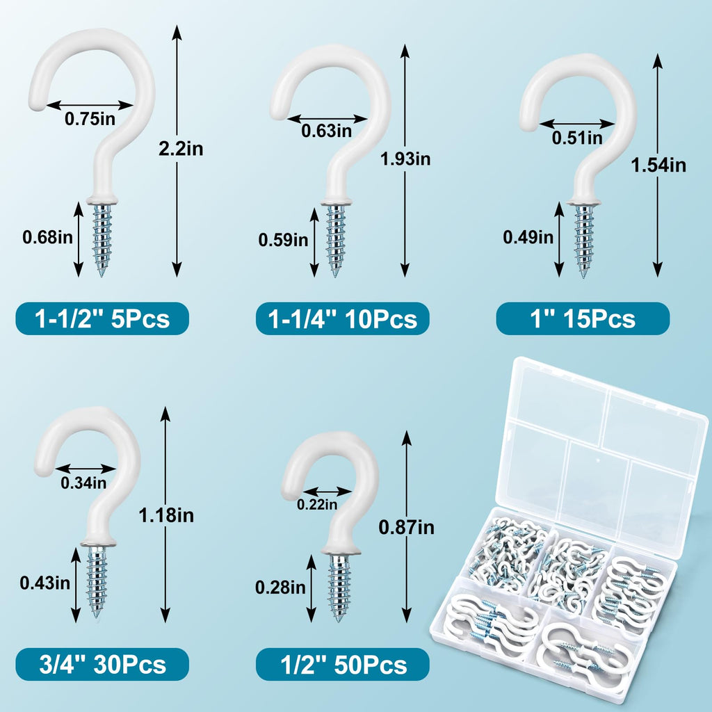 Pylevemv Screw Hooks, 110Pcs White Vinyl-Coated Cup Hooks for Hanging