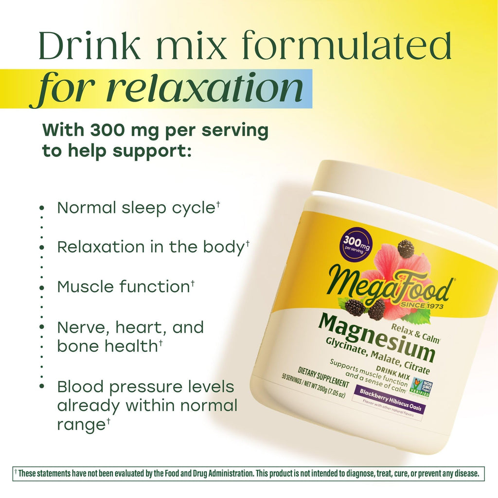 MegaFood Relax + Calm Magnesium Powder - Highly Absorbable Magnesium Glycinate, Citrate & Malate - Without 9 Food Allergens - BlackBerry Hibiscus Oasis - 7.05 Oz (50 Servings)