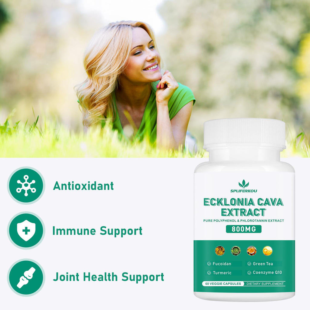 Spliferikou Ecklonia Cava Extract, 800mg, 60 Veggie Capsules with Fucoidan, Green Tea, Turmeric, CoQ10, Dietary Supplement