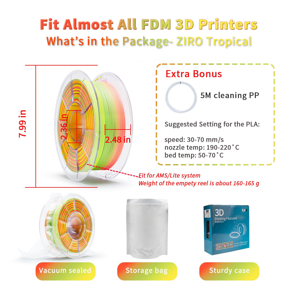 ZIRO 3D Printer Filament, Faster Color Change Filament 1.75mm, Color Gradient Material, No-Shine Rainbow PLA, Dimensional Accuracy +/- 0.03mm, Fit Most FDM Printer 1KG Spool, Tropical (Matte)