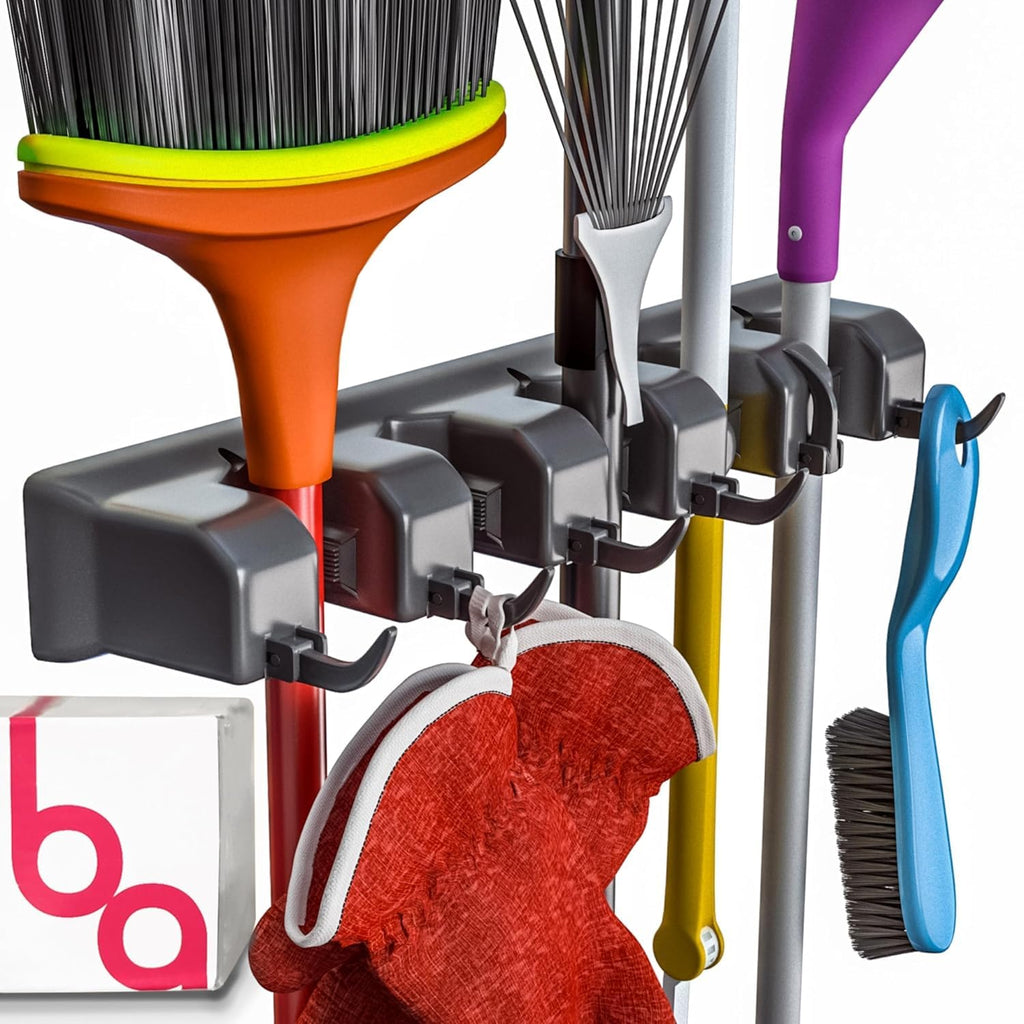 Broom Holder Wall Mount, Mop and Broom Organizer – Wall Mounted Broom Rack & Mop Rack, Rack for Brooms and Mops | Broom Hanger Wall Mount with 5 Slots & 6 Hooks, Kitchen Garage Laundry Garden