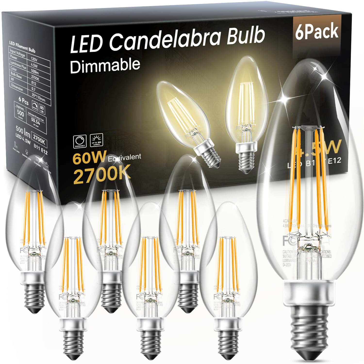 TJOY Candelabra LED Bulbs, E12 60W Equivalent Dimmable for Chandelier Light