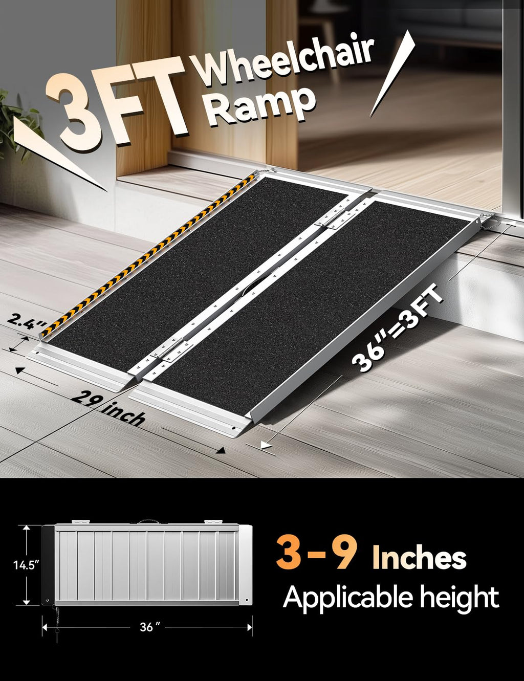 FACHNUO 3 Feet Portable Wheelchair Ramp, Non-Skid Aluminum Handicap Ramps with Handle, Folding Threshold Wheel Chair Ramp for Home Steps, Stairs, Entry, Threshold, Curbs, Stairs, 800LBS Capacity