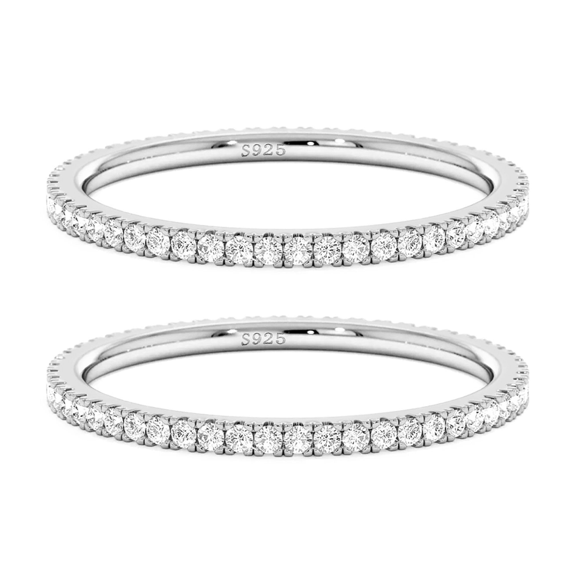 VISDIV 2mm 925 Sterling Silver Rings Gold Engagement Wedding Bands Eternity Cubic Zirconia Simulated Diamond 2pairs Stackable Ring for Women Size 5-10