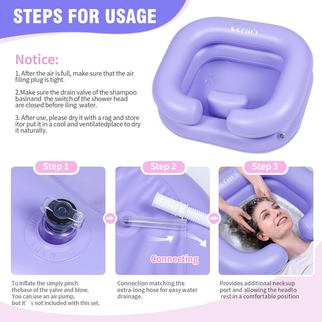 Cehim Inflatable Shampoo Basin - Portable Shampoo Bowl, Hair Washing Basin for Bedridden, Disabled,Injured, Hair Wash Tub for Dreadlocks and at Home Sink Washing (Light purple)