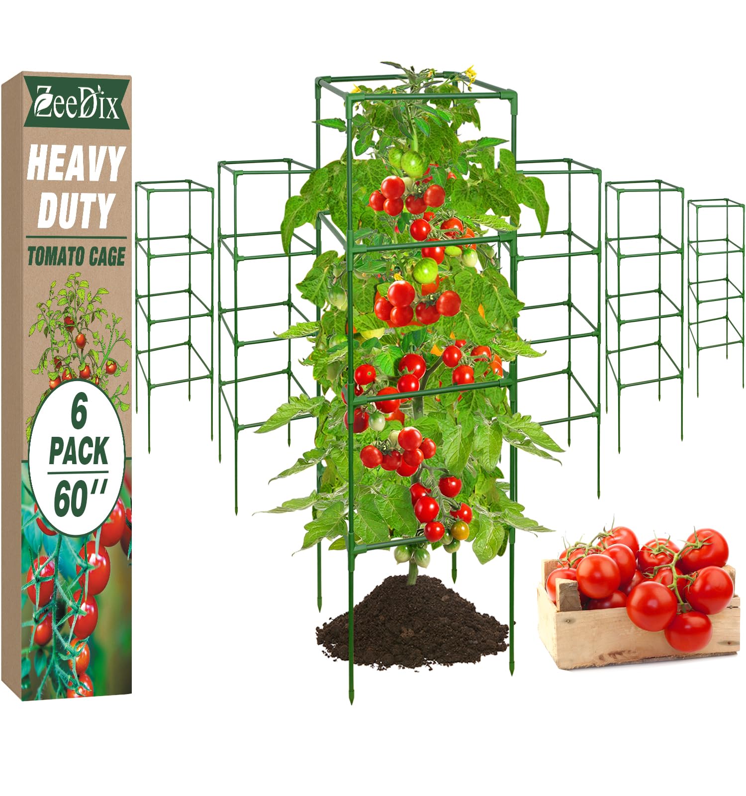 ZeeDix 6 Pack 60 Inch Heavy Duty Tomato Cages for Garden with Clips