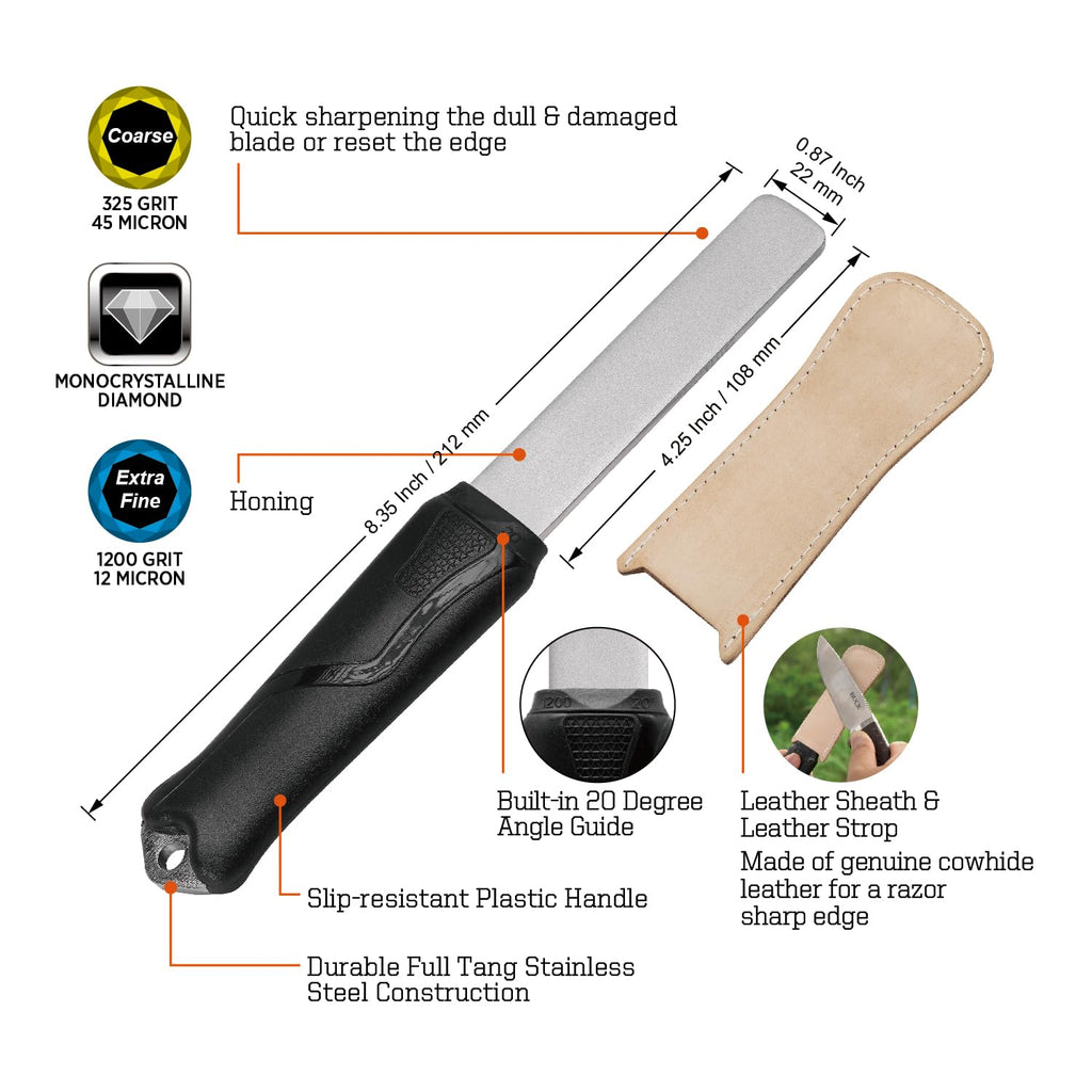 SHARPAL 127N Dual-Grit Diamond Sharpening Stone File Garden Tool Knife Sharpener with Leather Strop Coarse 325 / Extra Fine 1200 Grit for Lawn Mower Blade, Axe, Hatchet, Hedge Shears Fathers Day Gift