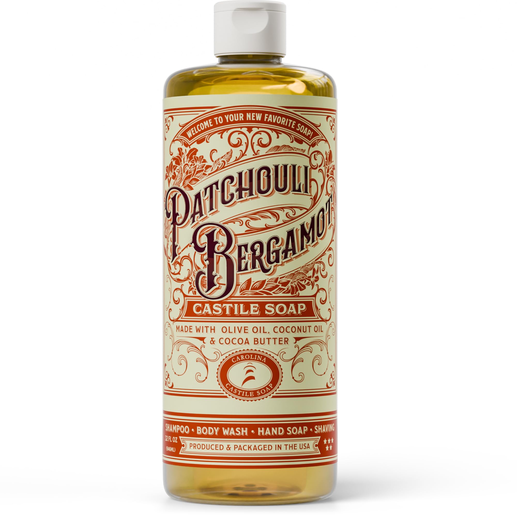 Carolina Castile Soap Patchouli Bergamot Scented Castile Soap - Certified Organic, High Olive Oil Content, Non-Drying, Made with Organic Oils, Concentrated Natural Soap for Men and Women