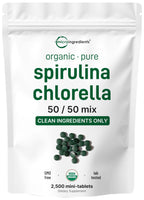 Micro Ingredients Organic Spirulina Chlorella Mini Tablets, 2,500 Tablets (8 Month Supply) | 50/50 Blend Superfood | Cracked Cell Wall for Better Absorption | Rich in Vegan Protein & Chlorophyll