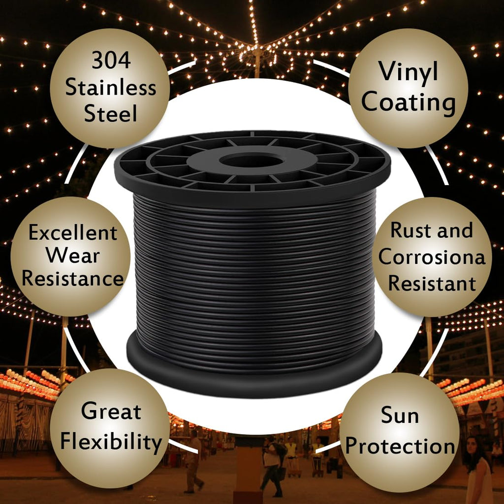 Vinyl Coated Wire Rope 304 Stainless Steel Coated Wire Cable-Black, 1/16" OD to 3/32" x 1000FT, with 300 Pcs Crimping Sleeves-Cable for String Lights, Suitable for Clotheslines