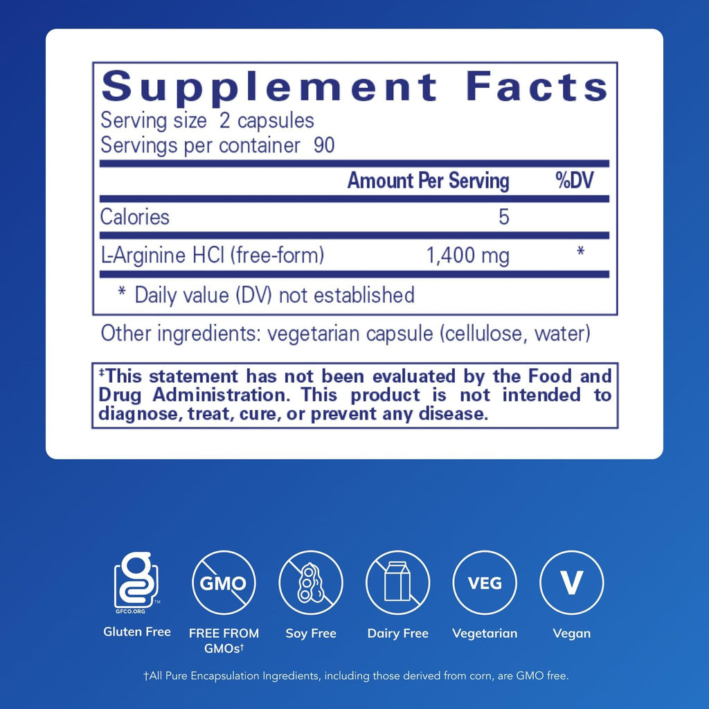 Pure Encapsulations L-Arginine - 1,400 mg - Support Nitric Oxide Production - Heart Health & Blood Flow - Gluten Free & Non-GMO - 180 Capsules