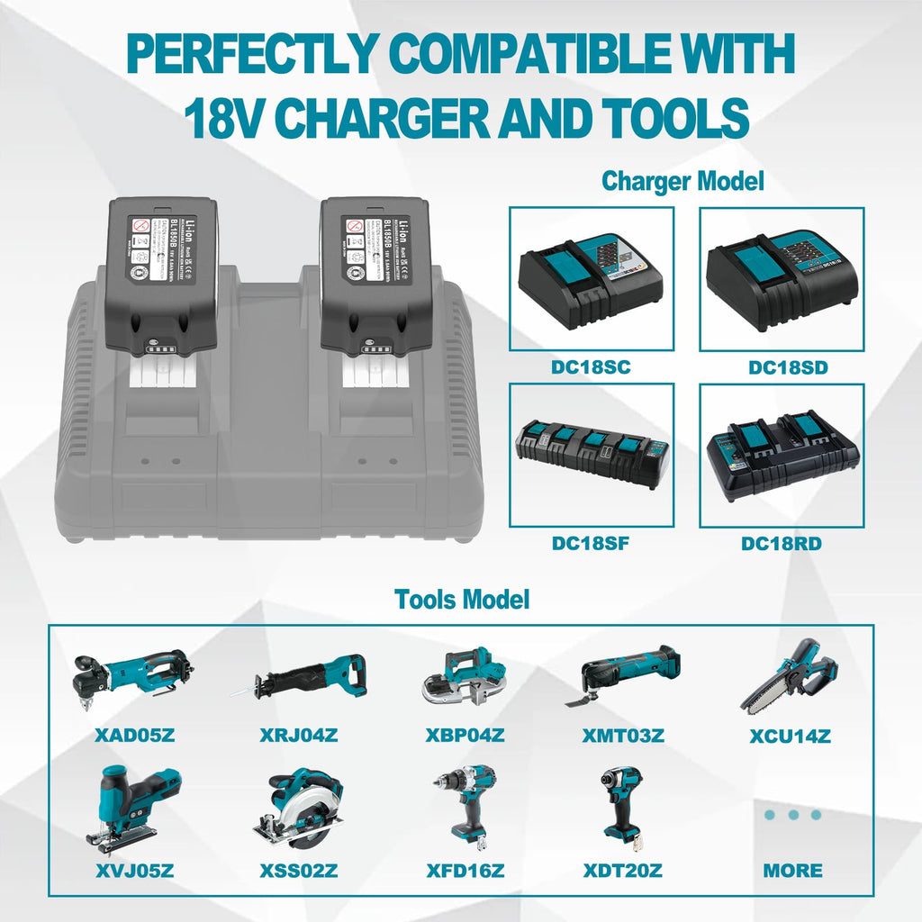 CHAUNVEN 2 Packs 5.0Ah 18V Battery Replacement for Makita 18V Battery BL1850B BL1840B 1860B BL1830B BL1815B Compatible with Makita 18 Volt Cordless Power Tool and Charger