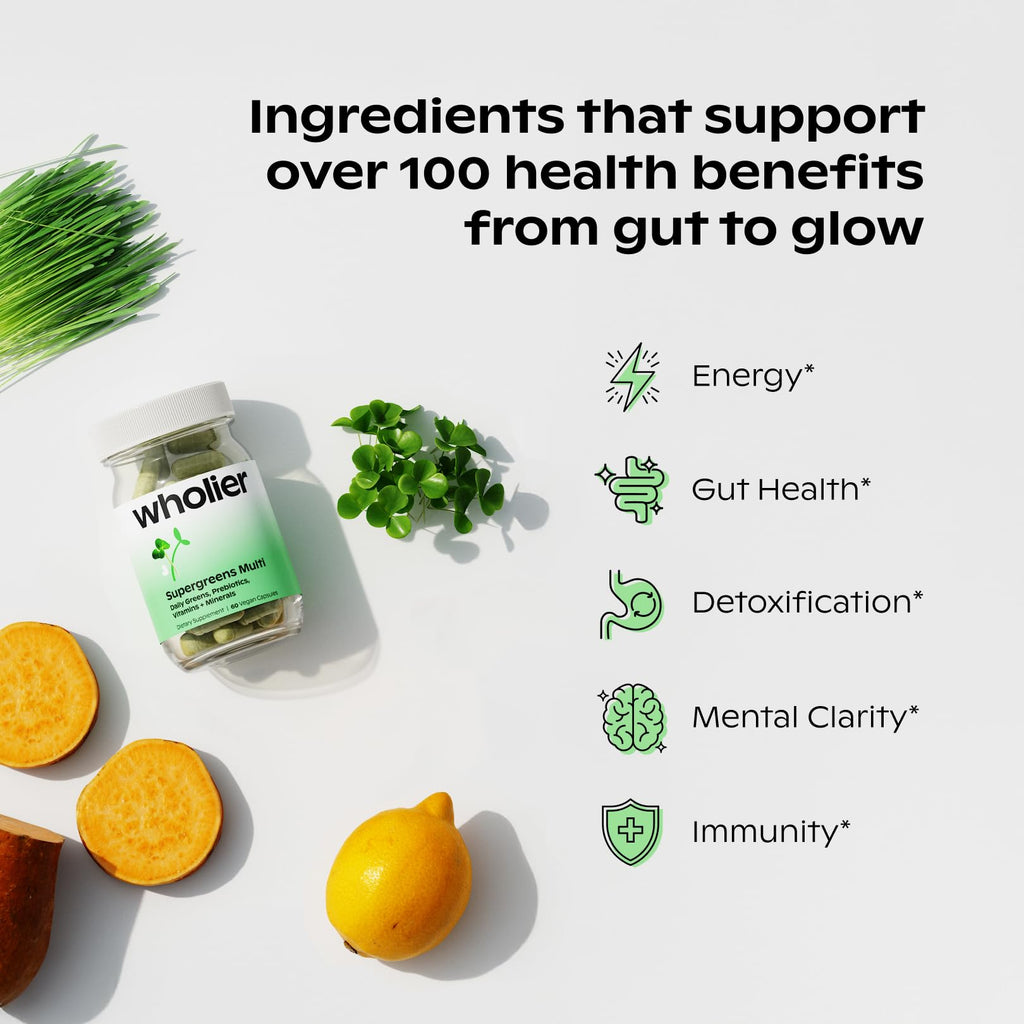 wholier Supergreens Multi Capsules, Organic Microgreens, Daily Greens, Prebiotics, Vitamins & Minerals, Multivitamin for Men & Women for Gut Health and Energy Support, Vegan, Gluten Free, 60 Capsules