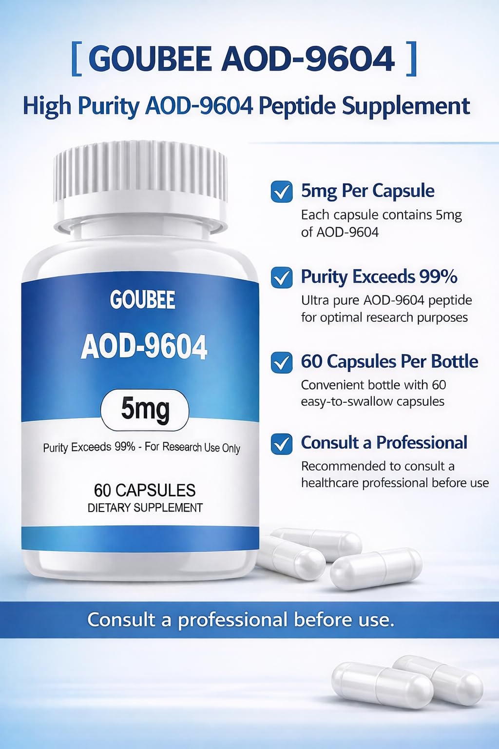 GOUBEE AOD-9604 (5MG) Peptide High-Purity Lyophilized Capsules, 99% Purity - 60 ct