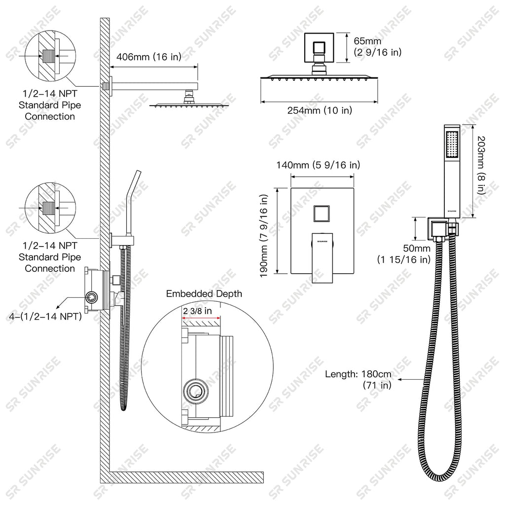 SR SUN RISE Polished Chrome Square Rainfall Shower Head and Handle Set, Wall Mounted Shower Fixtures, Metal Shower Faucet Trim Repair Kits (With Shower Valve)