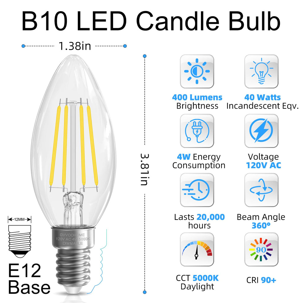 GvvooHome E12 Candelabra Bulb 40 watt Equivalent, E12 LED Bulb Dimmable Chandelier Light Bulbs, 5000K Daylight B10 Candle Light Bulbs, 90+CRI, 400LM, Clear Glass, 12 Pack