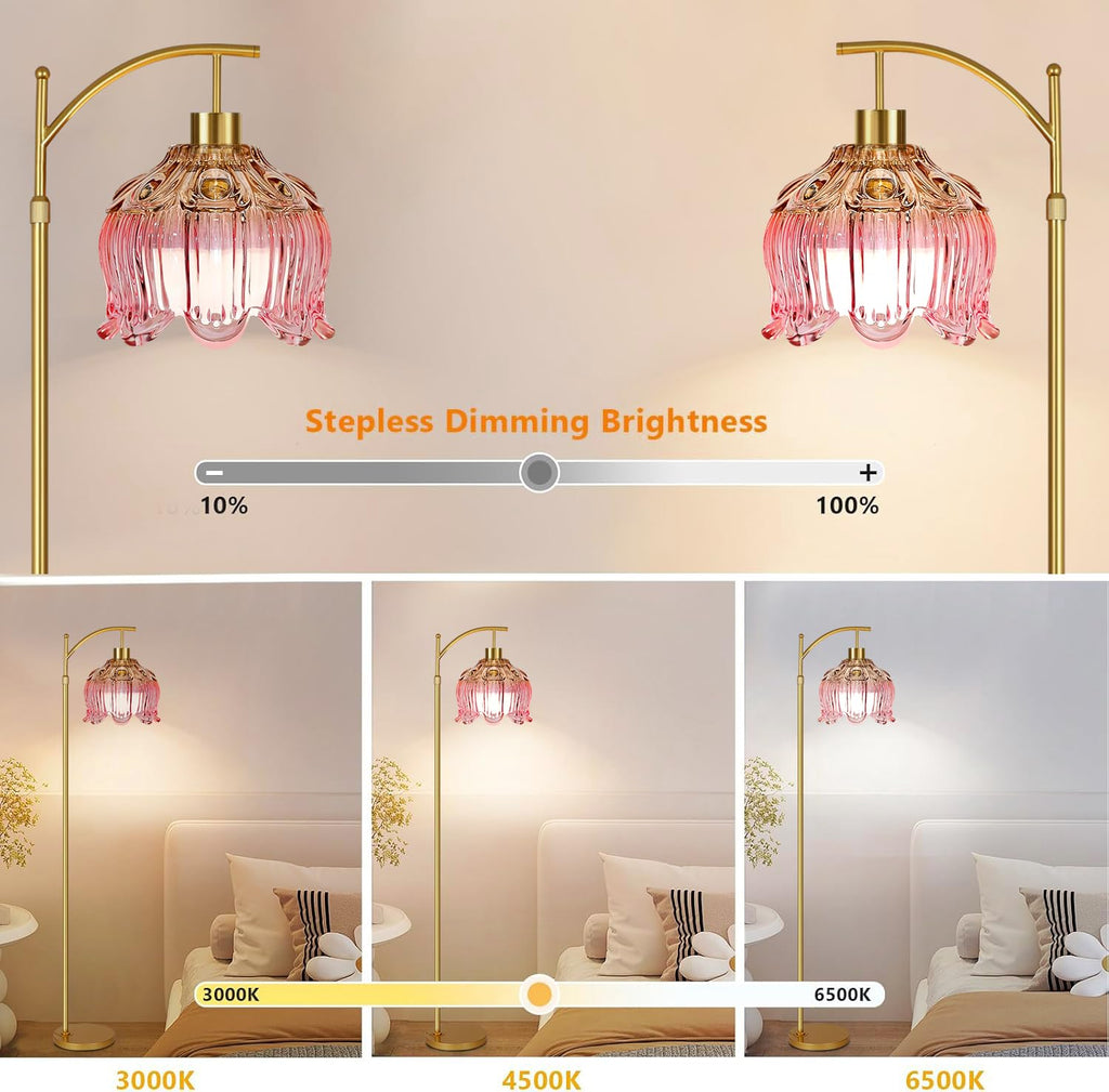 ILLMTW Pink Floor Lamp for Living Room,Bedroom,Glass Mid Century Modern Standing Lamp with Remote,Dimmable Gold Brass Tall Lamp Tulip Flower Arc Floor Light Boho Bohemian
