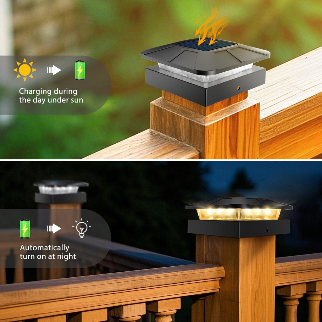 Peasur 4x4 Solar Post Cap Lights Outdoor with 3 Modes, 4 Packs LED Post Light Solar Powered Waterproof, 4x4/3.5×3.5 Wood/Vinyl Fence Posts Lights for Deck Railing Porch Mailbox Outside