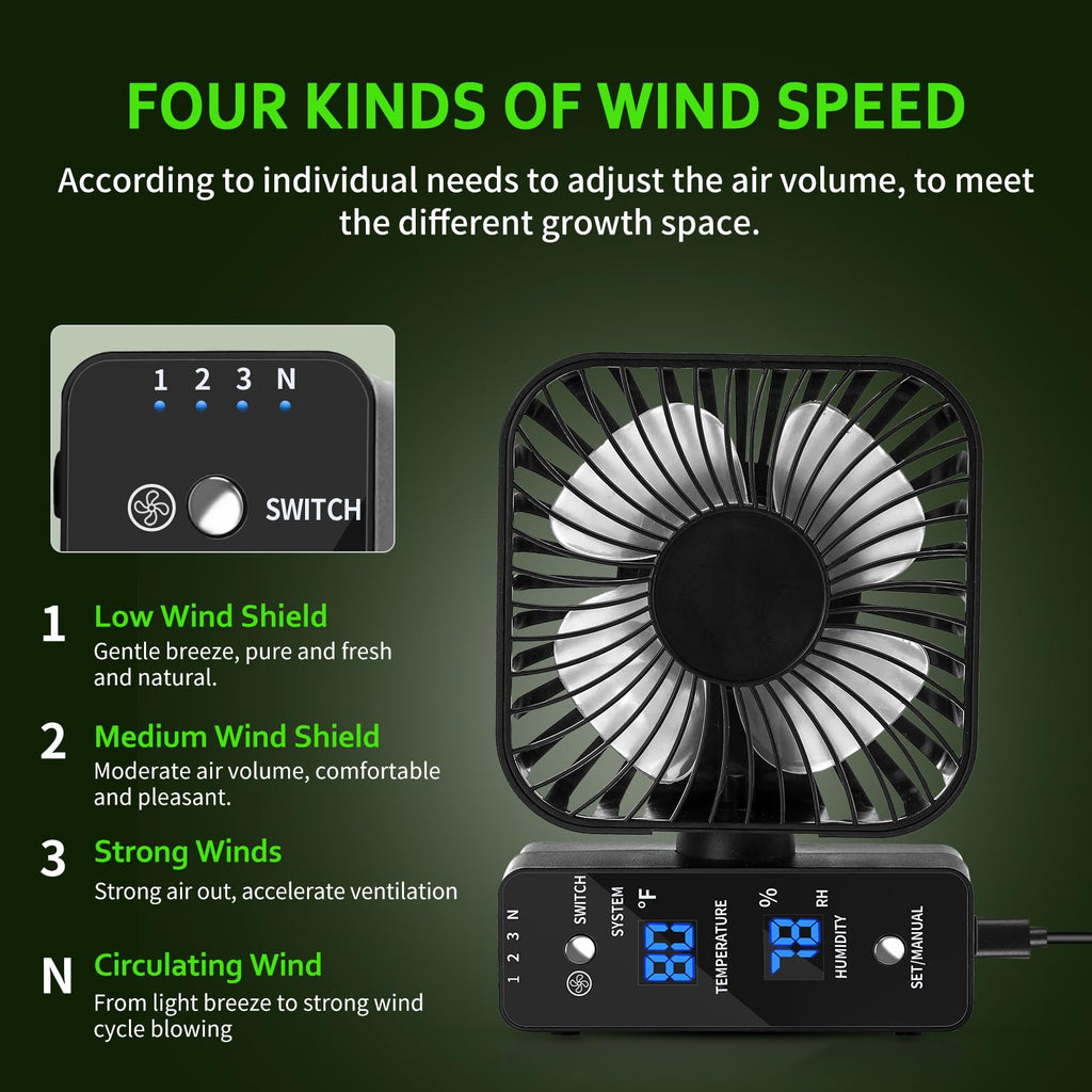 DAOTAILI 4" Grow Tent Clip Fan with Temperature & Humidity Control, LCD Display, Oscillating Fan for Hydroponics