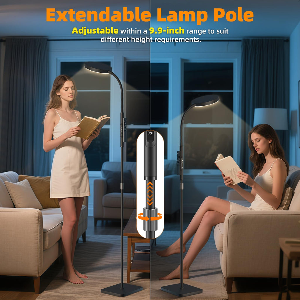 PACOVY Floor Lamp, Adjustable Height Floor Lamps for Living Room Bedroom, 120 LED Super Bright Standing Lamp Remote Control Dimmable Gooseneck Tall Stand Reading Lamp for Office Craft, Black-RGB