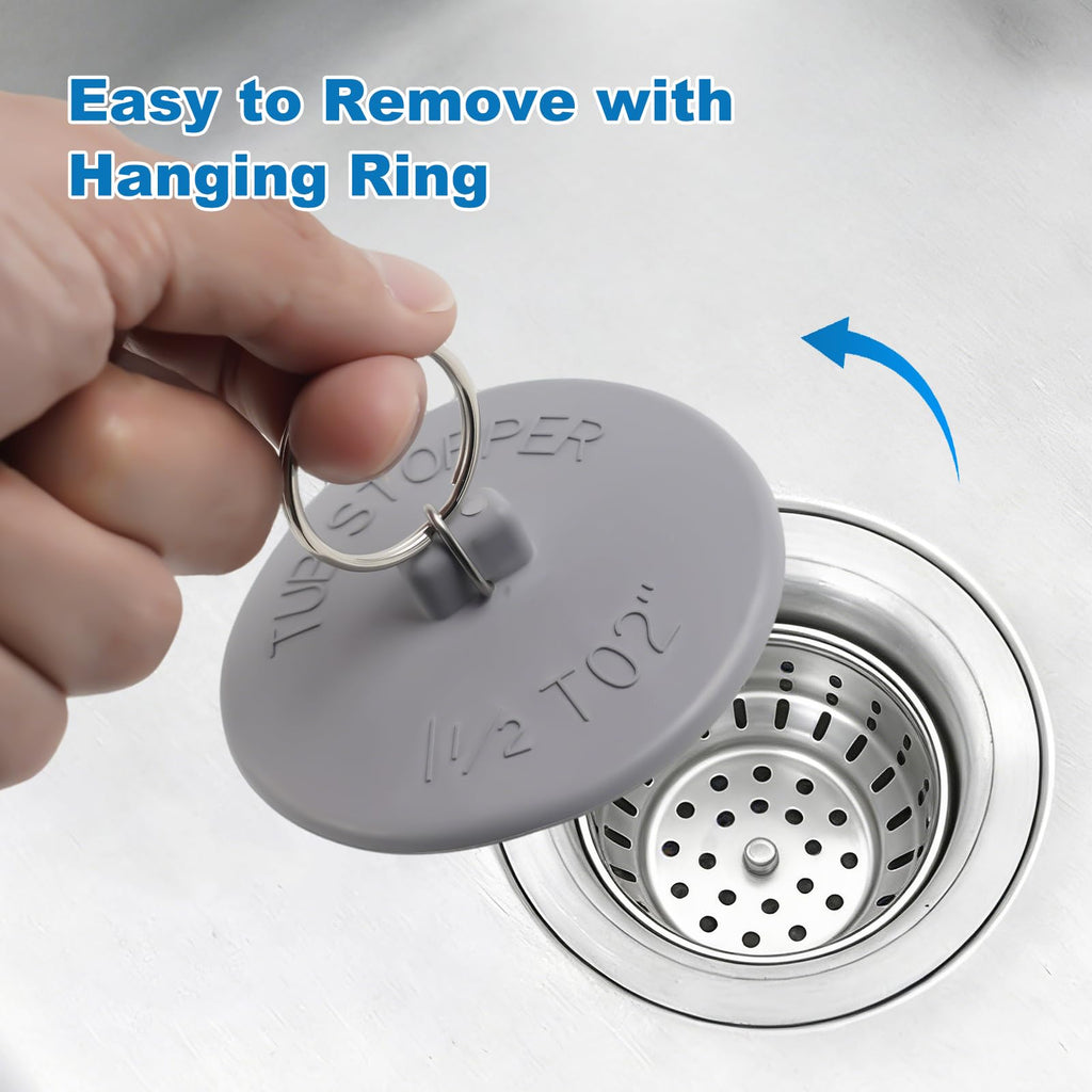 Hibbent 6 Pieces Drain Stopper, Rubber Kitchen Sink Drain Plug with Pull Ring for Bathtub, Kitchen, Bathroom and Laundry Sink in 6 Different Sizes, Grey