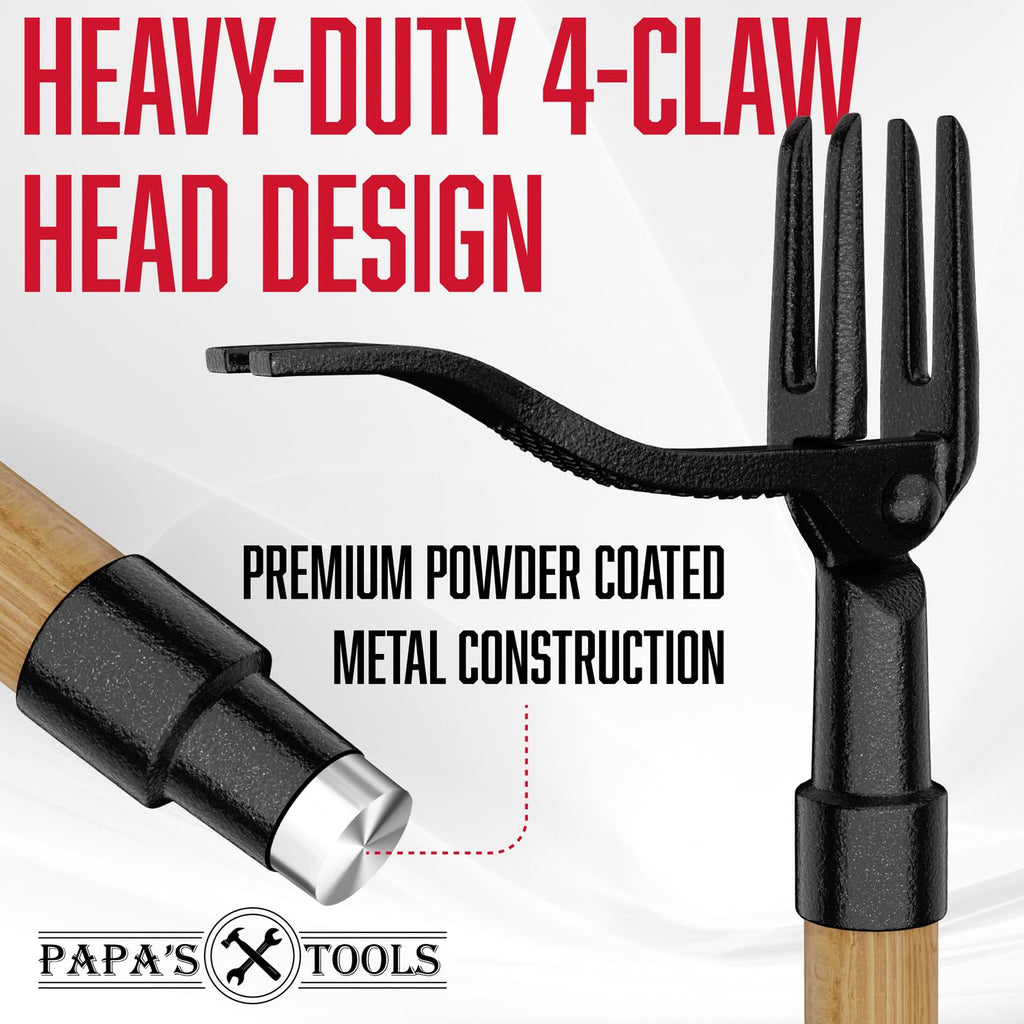 Papa's Tools One-Piece Weed Puller Tool - Stand Up Weeder, Heavy Duty Long Wooden Handle, Real Bamboo, 4-Claw Steel Head