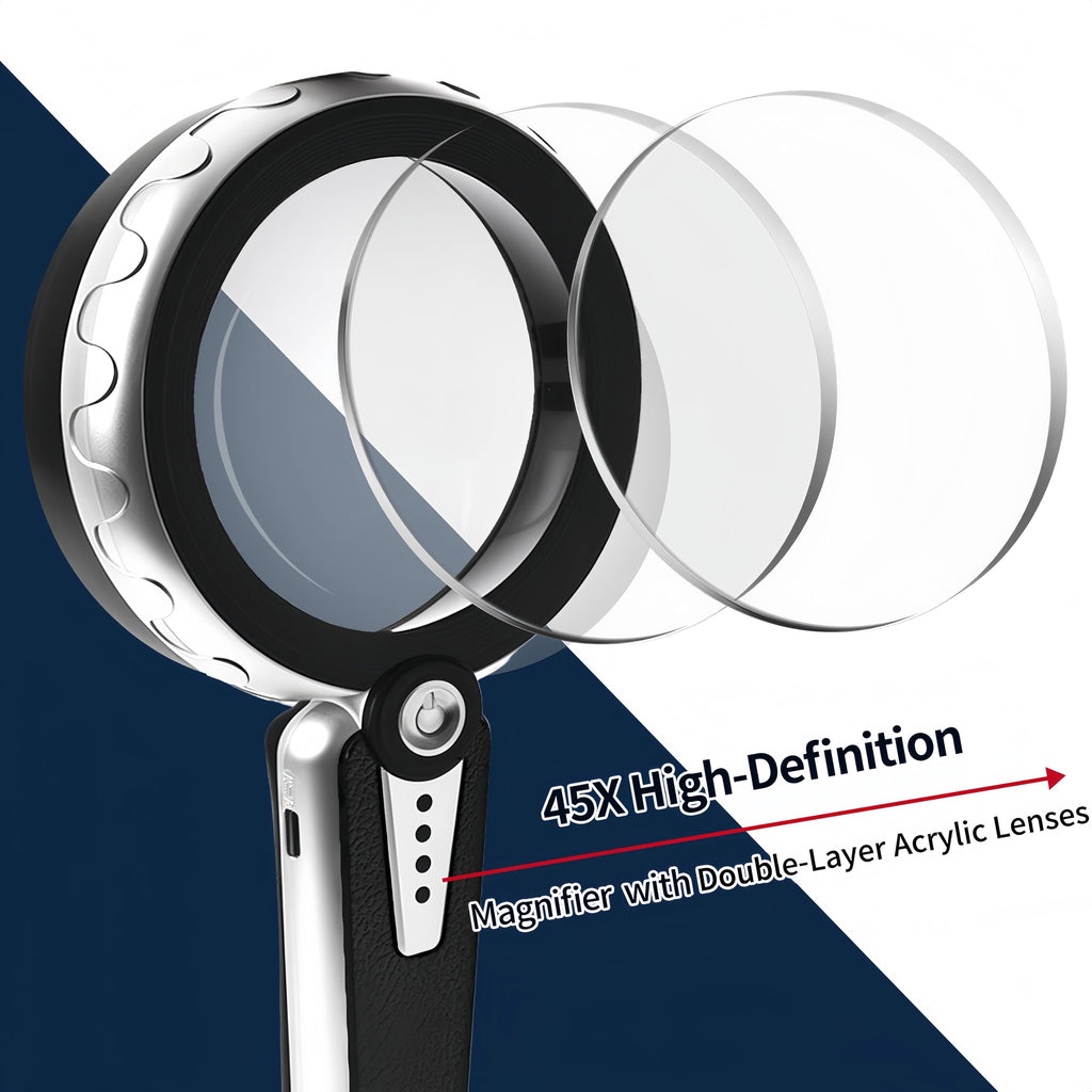 HUIBOER 45X Magnifying Glass with Light, 4.6 Inch 1200mAh USB Rechargeable Large Handheld Magnifier, 6 Color Modes, Perfect for Low Vision Seniors, Macular Degeneration & Fine Print (Black)