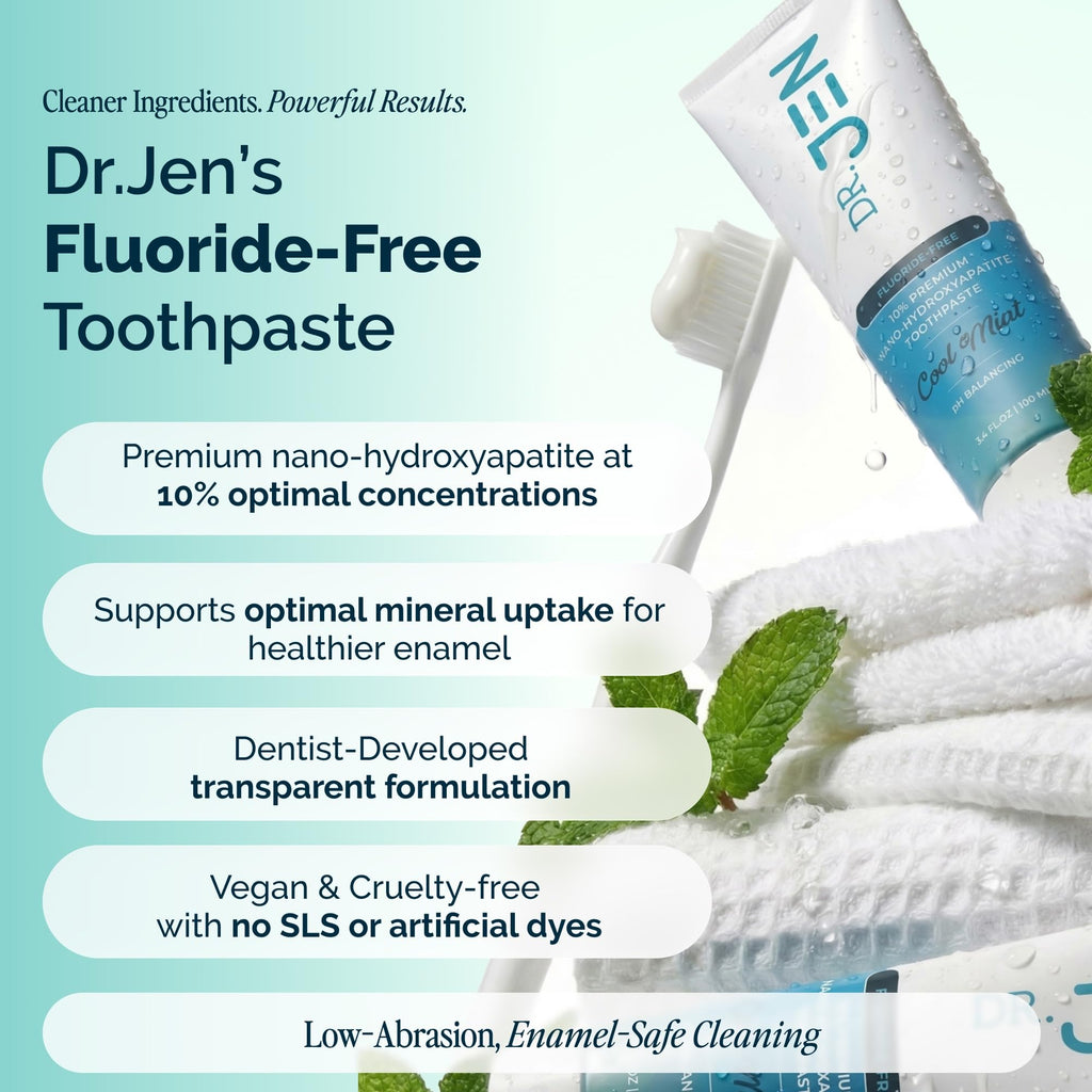 Dr. Jen Fluoride Free Toothpaste with 10% Premium Nano Hydroxyapatite, Xylitol & Glycerin, Remineralizing Daily Oral Care for Sensitive Teeth, Travel Essentials, Cool Mint, 1 Pack