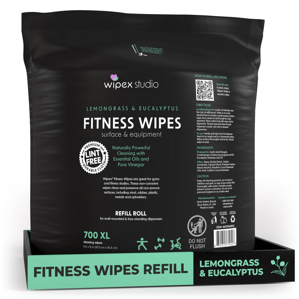 Wipex Gym Wipes for Equipment Cleaning - 700 Large 8"x12" Natural Fitness Wipes Refills for Dispensers - Made with Lemongrass, Eucalyptus Oil & Vinegar, Bulk Surface Multipurpose (1 Pack)