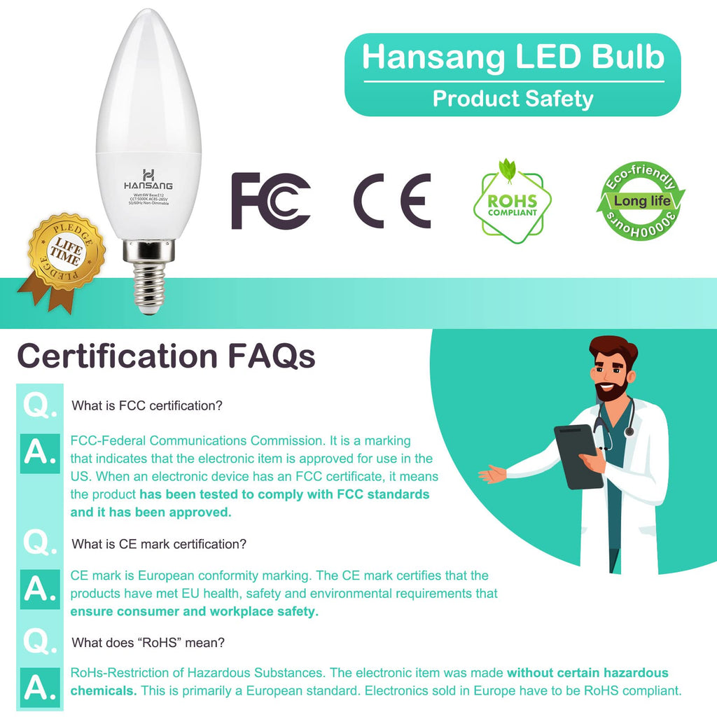 hansang E12 LED Ceiling Fan Light Bulbs 60W Equivalent 5000K Daylight