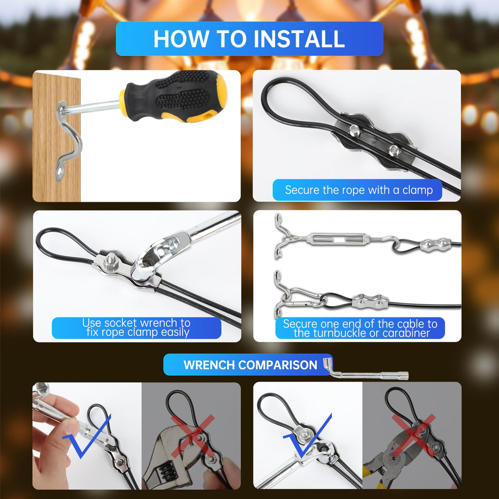 YingYa BIS 246FT Black Vinyl Coated 304 Stainless Steel Wire Rope Cable Kit – Heavy Duty Outdoor String Light Hanging Guide Wire with M5 Turnbuckle for Patio, Garden, Christmas Lights