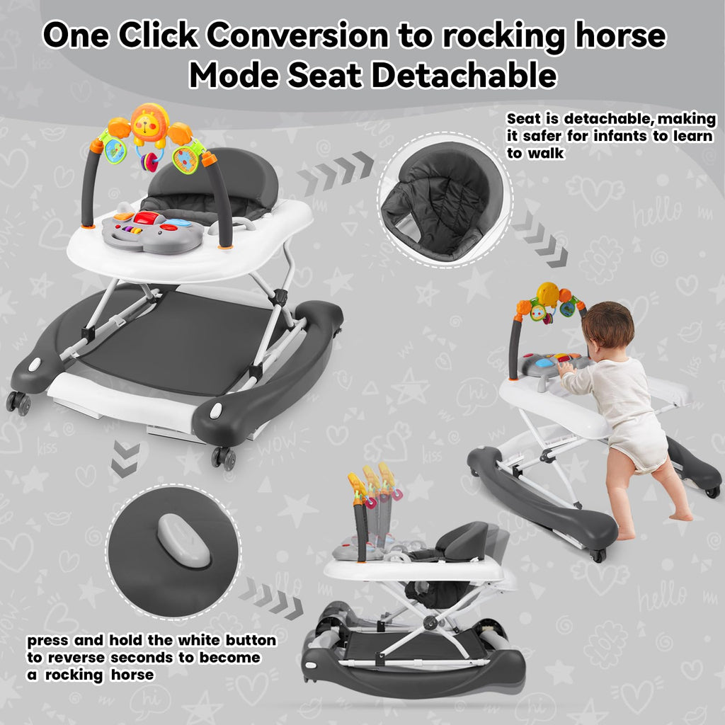 RefoereBabe Baby Walker with Wheels, 5 in 1 Baby Walkers for Boys Girls 6-12 Months, Foldable Walker Baby with Bouncer & Feeding Tray, Music, Adjustable Heights