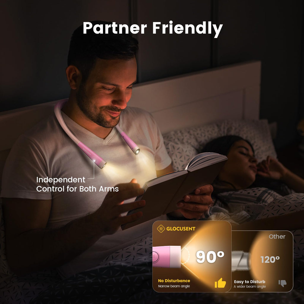 Glocusent Reading Light,Pink Neck Light,80-hr Rechargeable Book Light
