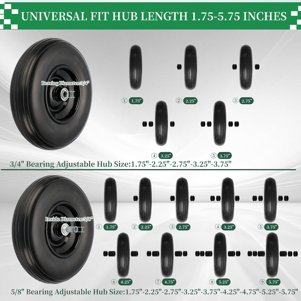 4.00-6 Flat Free Tire and Wheel, 13" Solid Wheelbarrow Tires, Adapter Kit