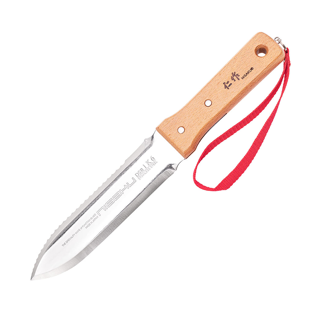 Nisaku NJP651 Hori Weeding & Digging Knife-Hardened HRC58 Edition, Authentic Tomita (Est. 1960) Japanese Stainless Steel, 7.25" Blade, Wood Handle, w/Premium Leather Sheath