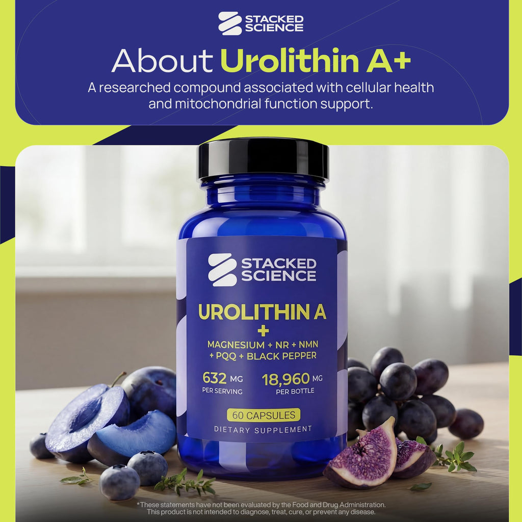 Stacked Science Urolithin A 632mg with NMN, NR, PQQ & Magnesium Bisglycinate, Mitochondrial & Cellular Energy Support, NAD+ Booster Supplement, 60 Vegan Capsules, Unflavored, 30-Day Supply