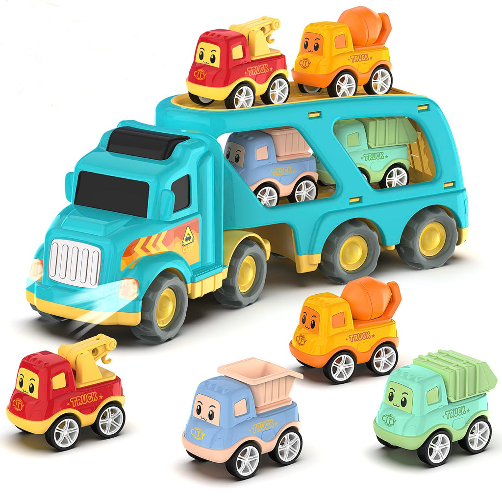 Veslier Toy Trucks for 2 3 4 5Years Old,Construction Transpor Trucks for Toddlers 2-4 Years with 4 Pull Back Cars for Toddlers 2-4,Christmas Birthday Gift for 18M+ 2 3 4 5 Years Old Kids Boys Girls.