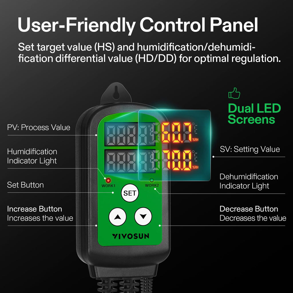 VIVOSUN Humidity Controller, 1200W Dual-Stage Outlet, Pre-Wired Digital Humidistat with Dual LED Displays for Humidifier/Dehumidifier/Fan, Ideal for Greenhouse, Grow Tent, Home-Brewing, Mushroom