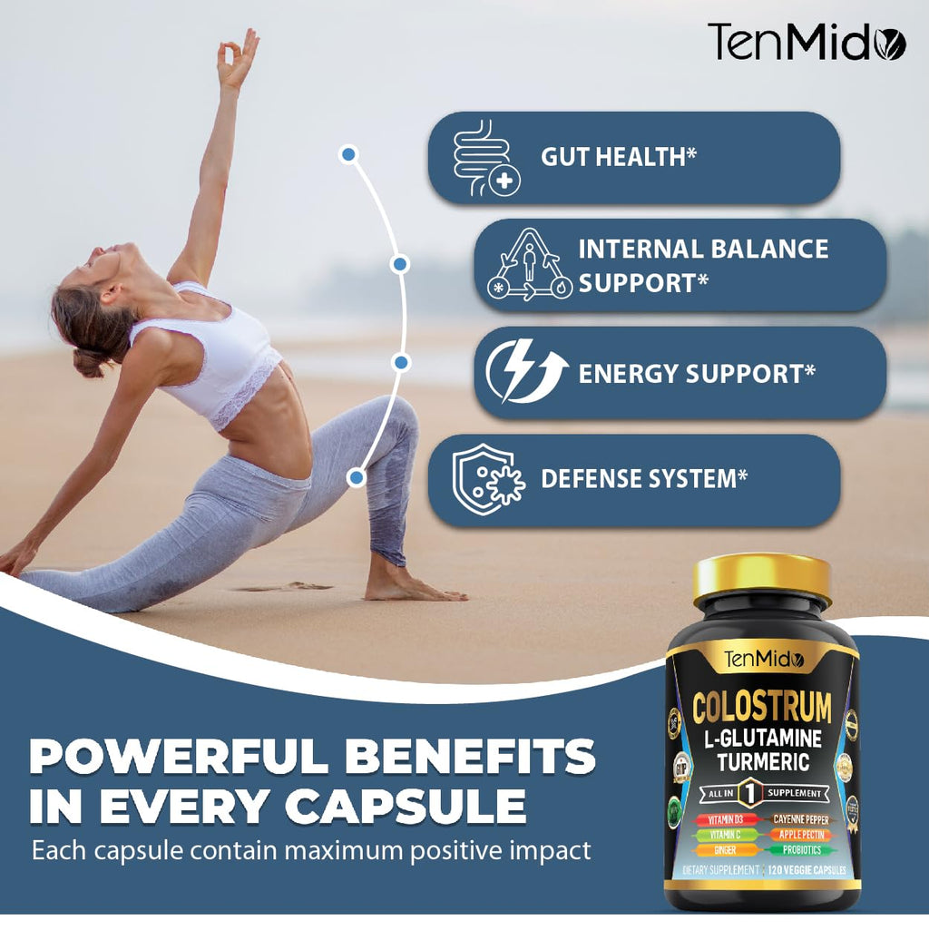 Tenmido Colostrum Supplement - 10in1 Formula - Combine with L- Glutamine, Turmeric, Cayenne Pepper, Apple Pectin, Probiotics, Ginger, and More - Digestive Health, Immune Support - 120 Capsules