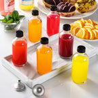 6 Pack, 4 oz Small Clear Glass Bottles with Lids & 2 Stainless Steel Funnels - 120ml Boston Sample Bottle for Potion, Juice, Wellness, Ginger Shots, Whiskey, Liquids - Mini Travel Essential Bottles