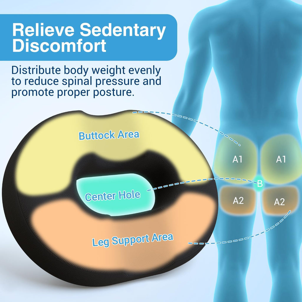 CushZone Donut Pillow for Postpartum Pregnancy - Large Ergonomic Chair Seat Cushions, Office Chair Cushion, Breathable Hemorrhoid Pillow, Lifting Chair Pads for Dining, Sitting, After Surgery(Black)
