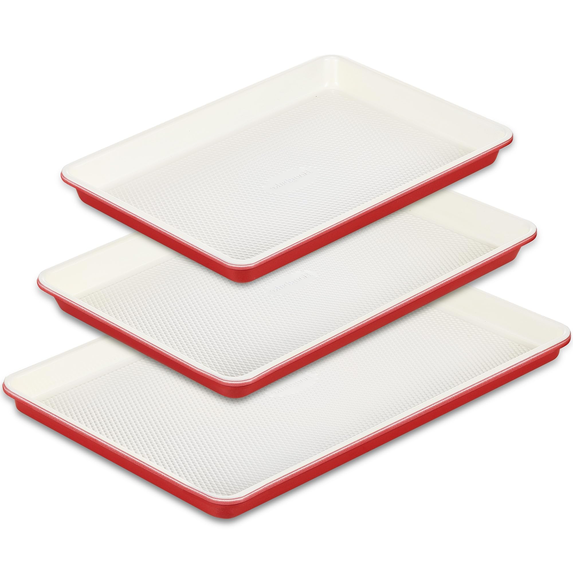 HONGBAKE 3 Pack Nonstick Ceramic Baking Sheet Pan Set for Oven, Non-Toxic Half/Quarter/Jelly Roll Pans with Diamond Texture, 0.8mm Aluminized Steel Cookie Trays for Cooking, Christmas Red & Cream