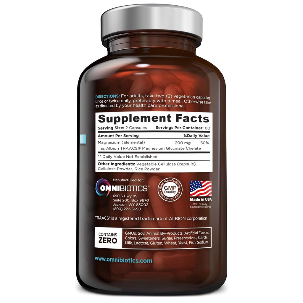 OmniBiotics Magnesium Glycinate Supplement – with 100% Pure Albion TRAACS Bisglycinate Chelate for Sleep, Muscle, Nerve & Heart Health – 120 Vegan Capsules