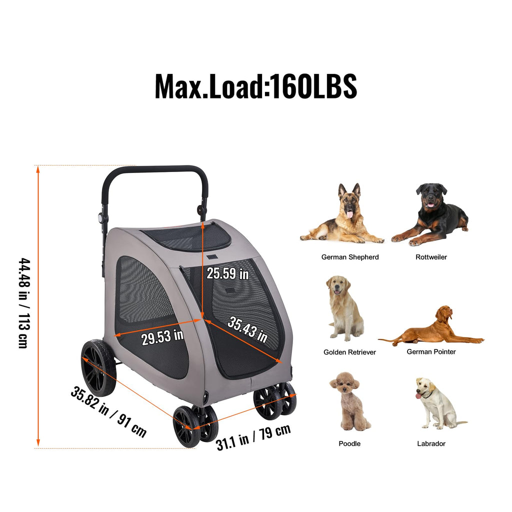 VEVOR Pet Stroller, 4 Wheels Dog Carrier with Brakes, 160lbs Weight Capacity, Portable Puppy Travel Strollers with Breathable Mesh Windows & Height-Adjustable, for Cats & Dogs