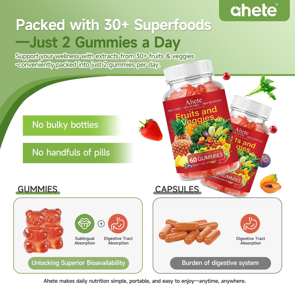 Ahete Fruit and Veggies Supplement, Vitamin A C E with 30+ Super Green Supplement for Women, Men and Kids, 60 Gummies, 30 Day Supply